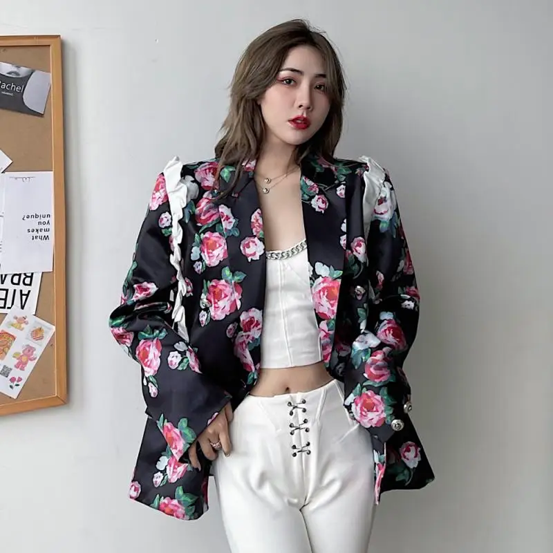 Fall Winter Street Retro Rose Print Designer Fashion Black Jacket Women Loose Long Sleeve Ruffles Patchwork Coat Brand Clothes |