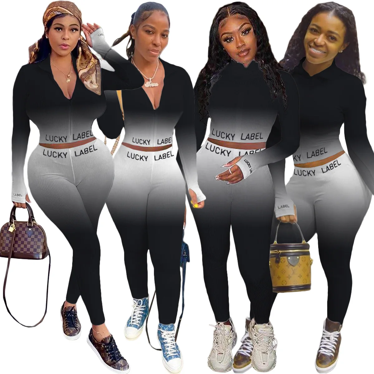 

Женский спортивный костюм, осень 2020, градиентный цвет, принт с буквами, длинный рукав, молния, высокий воротник, нить, топ, брюки, повседневны...