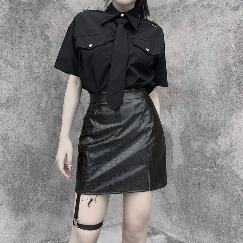 InsGoth/черная юбка из искусственной кожи в стиле панк Готическая уличная мини-юбка