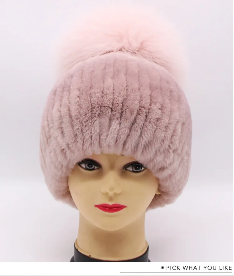 Rex rabbit fur hat female winter fox fur ball thick warm knitted earmuff wool cap