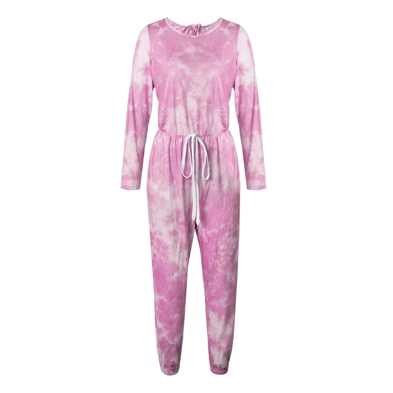 

Women Tie-dye Pajama Long Sleeve Jumpsuit Drawstring Romper Sleepwear Loungewear