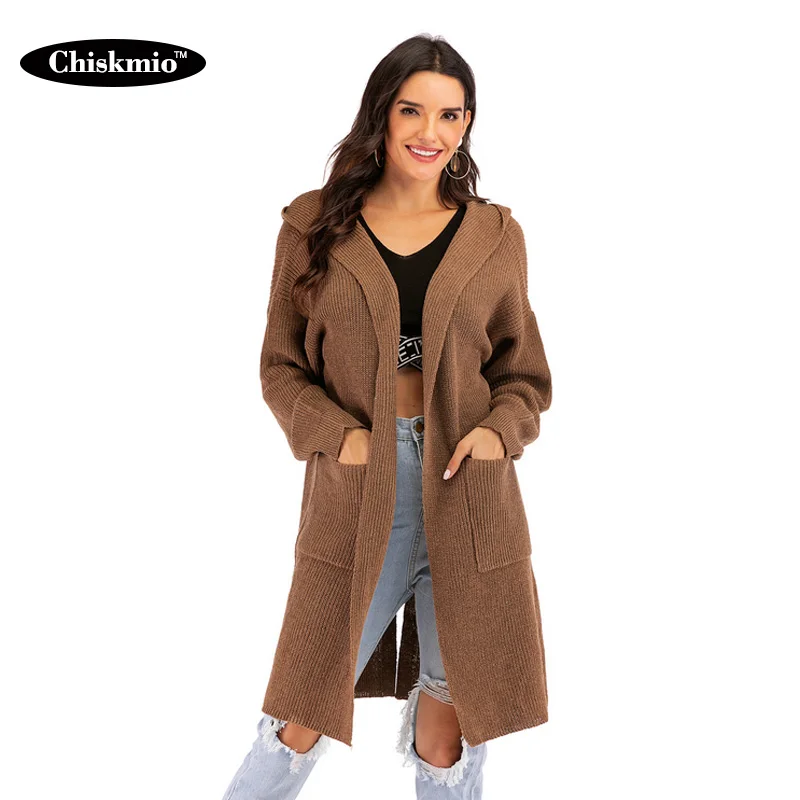 Женский длинный вязаный кардиган размера плюс Chiskmio Однотонный свитер с длинными