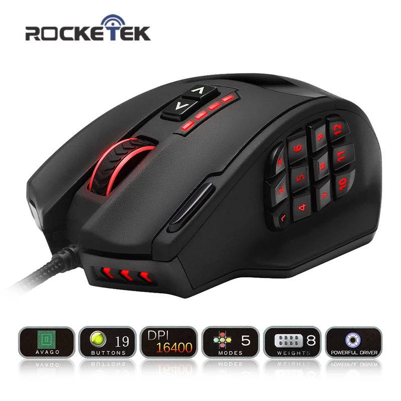 Rocketek USB Проводная игровая RGB мышь 16400 dpi 19 кнопок программируемые Игровые мыши с