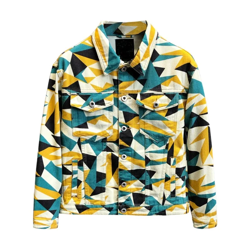 

Fashion Multicolor Geometry Plaid Denim Jacket Men Spring Long Sleeve Pockets Cargo Coat Streetwear Men Casual Jean Outerwear