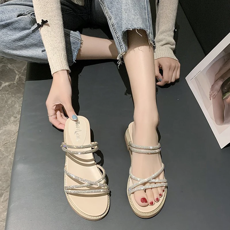 

Female Sandal All-Match Black Shoes for Women Clogs Wedge Strappy Heels 2021 Summer Girls Beige Low Platform Fashion Comfort Ne