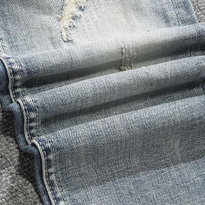 European Vintage Fashion Men Jeans Retro Light Blue Elastic Slim Fit Ripped Jeans Men Korean Style Designer Casual Denim Pants