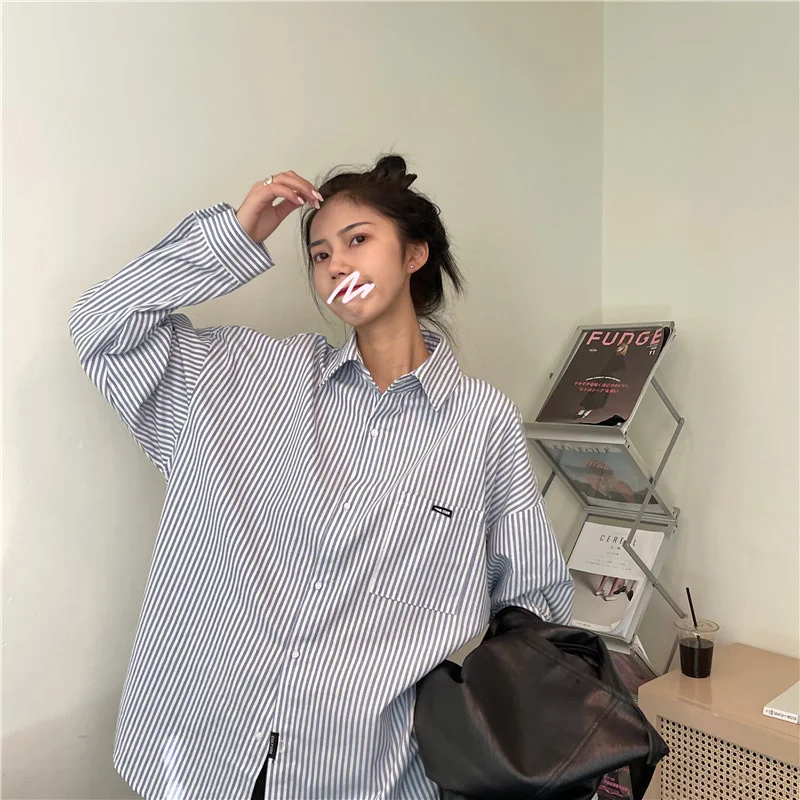 

Real Shot 2021 Autumn Striped Shirt Loose Long Sleeve Lining