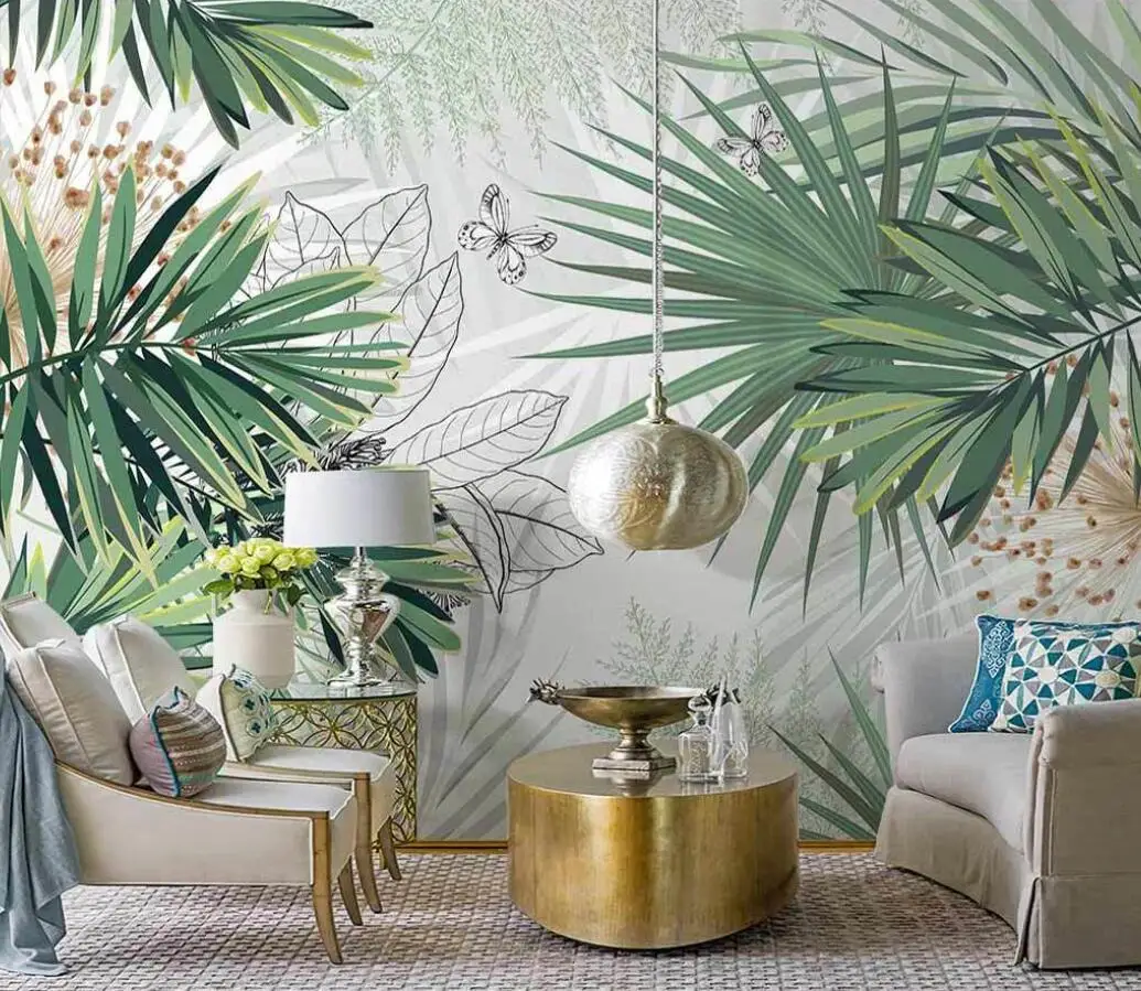 

House decoration kitchen cabinet storage hand-painted tropical plants fresh rainforest palm leaf indoor living room wallpaper