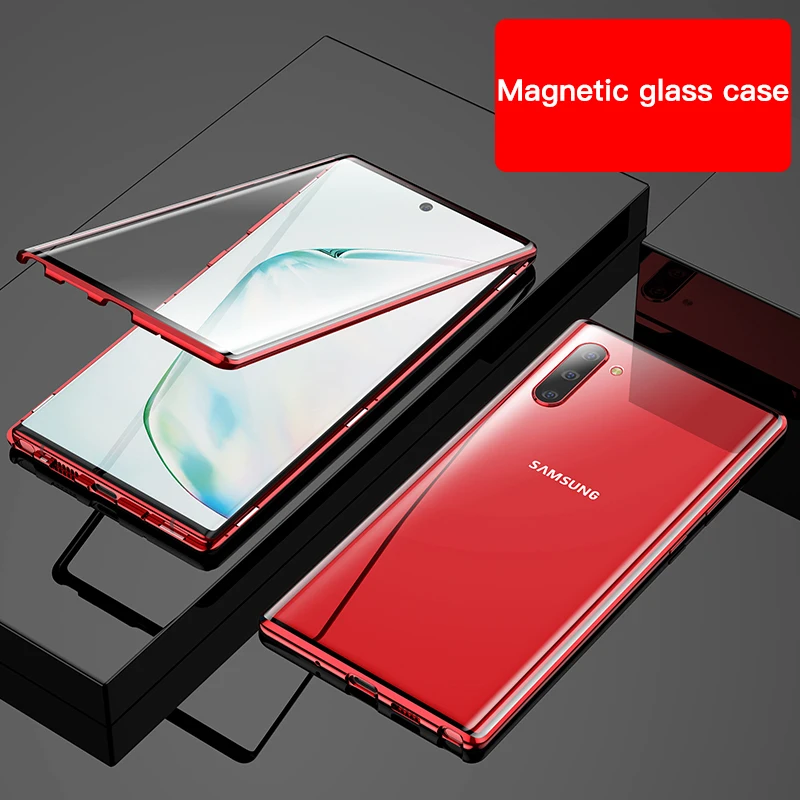 Магнитный металлический стеклянный чехол для телефона samsung Galaxy Note 10, 9, 8, S10, E, 5G, S9, S8 Plus, защитный чехол на магните - Цвет: Red