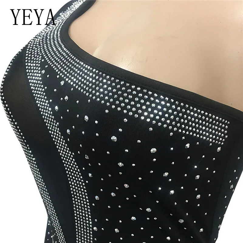 

YEYA See Through Mesh Rhinestones Maxi Dress Irregular Women Single Sleeve Side High Split Transparent Party Night Club Vestidos