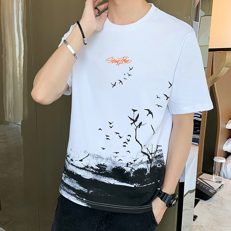 Painting National Butterfly Woman Japanese Cotton Tang Suit Print Short Sleeve Men Chinese Style T-shirt White Harajuku Ink-wash | Мужская