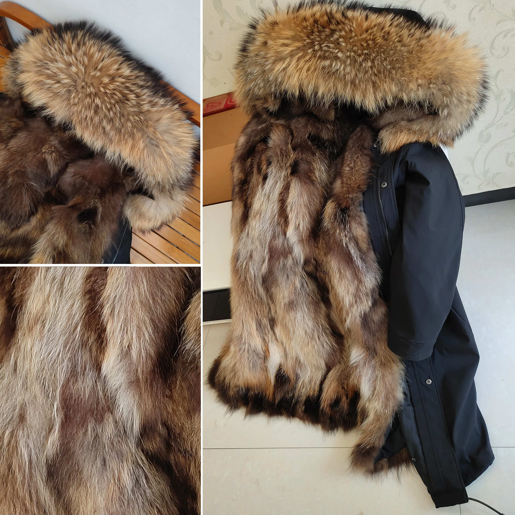 Real Fox Fur Coat Winter Jacket Thick Warm Real Fur Liner Parkas Women X-Long Parka Natural Raccoon Fur Collar Hood 108-110CM