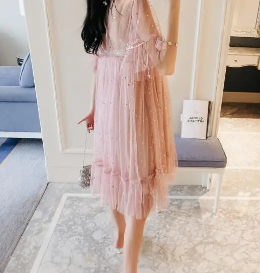 

Fashion Pregnant women's dress korean short sleeve maternity ruffles mesh fairy dresses pregnancy clothes sweet dress