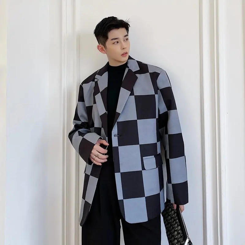 

2020 autumn winter The new listing hair stylist suit male Korean style trendy plaid jacket tide brand slim handsome casual gray