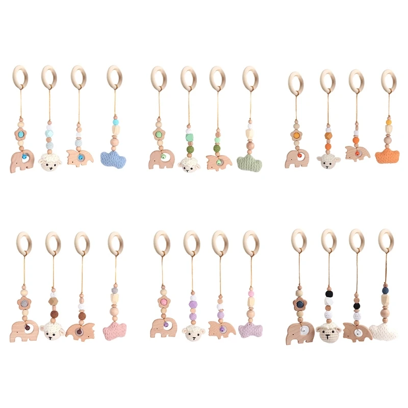 

4 Pcs/Set Baby Gym Frame Pendants Crochet Rattle Wooden Teether Infant Newborn Teething Nursing Toys Shower Gifts