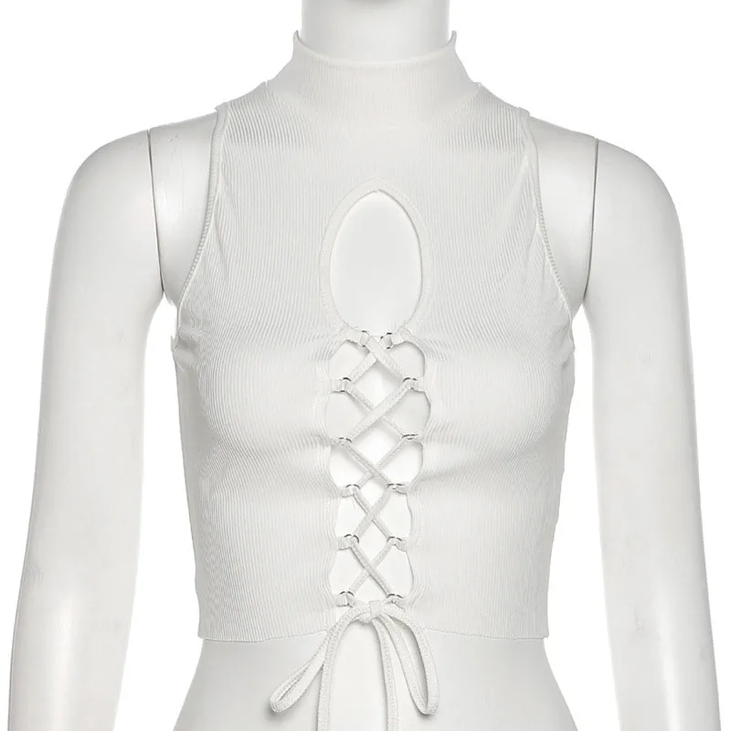 

NOVAINSPO Cut Out Tie Front O Neck Solid Baddies Ribbed Cropped Tops Women 2021 Fashion Casual Sportswear Tank Top One Piece Hot