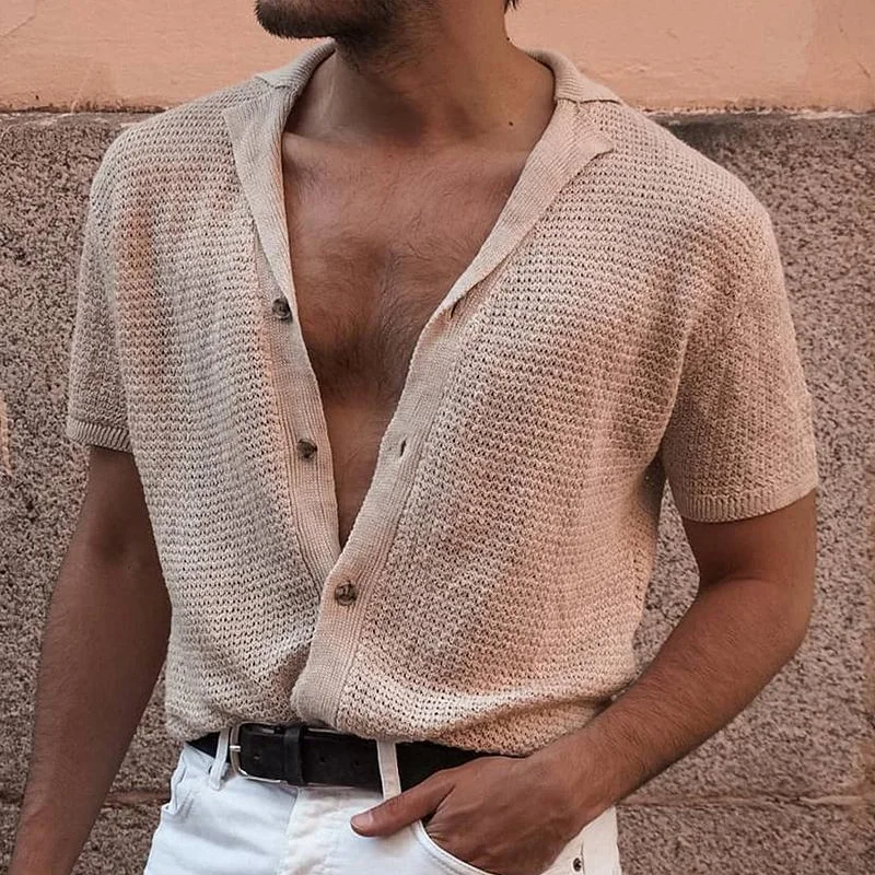 

Gentleman Solid Knitted Cardigan Polo Shirts 2021 Spring Summer Men's Poloshirt Short Sleeve Sexy V Neck Buttons Cotton Clothing