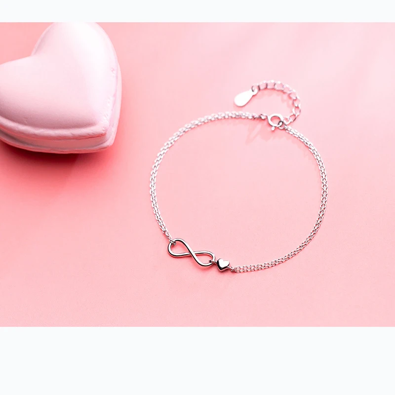 ElfoPlataSi 100% 925 Real Sterling Silver Elegant Double Layer Infinity Heart Bracelet 17cm For Gift Girls Lady XY709 | Украшения и