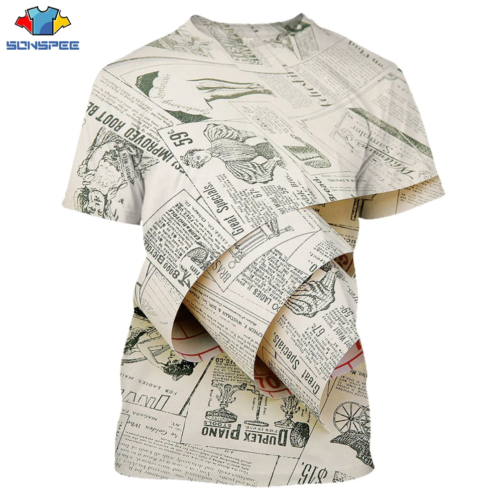 

SONSPEE Summer Unisex Casual 3D Print Retro Newspaper 2021 Men Tee Top Pullover Harajuku T-shirt Novelty Streetwear Fashion