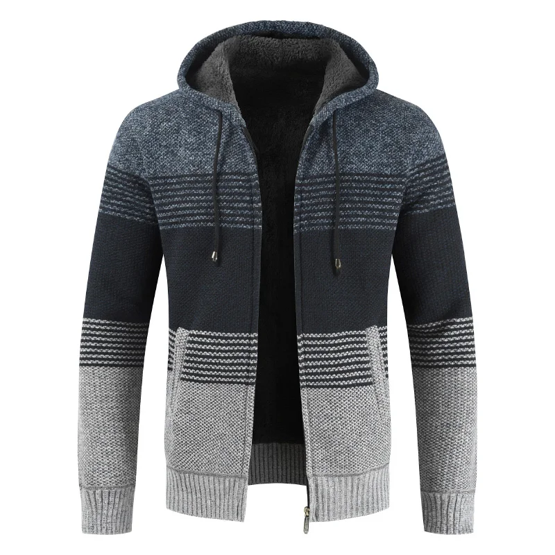 Sweater Coat Men 2020 Winter Thick Warm Hooded Cardigan Jumpers Men Striped Wool Liner Zipper Fleece Coats Men