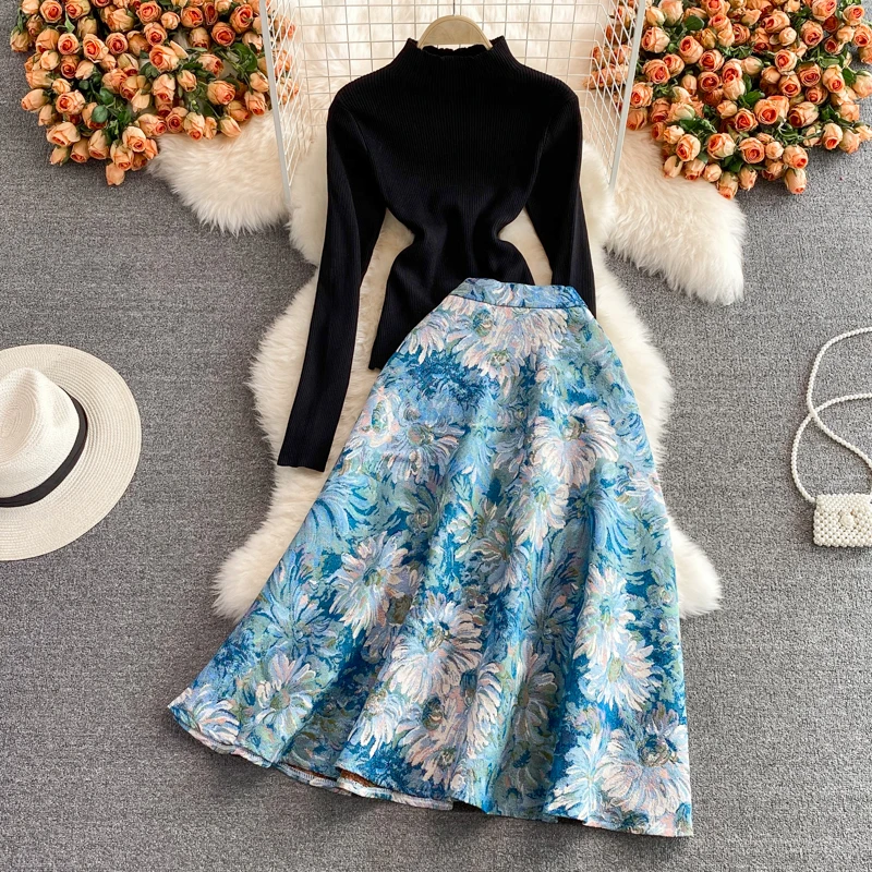 

Spring Autumn Office Lady Knit Tops and Flower Print A-line Long Skirt Two piece Set Women Runway Design Fashion Set Suit S69512