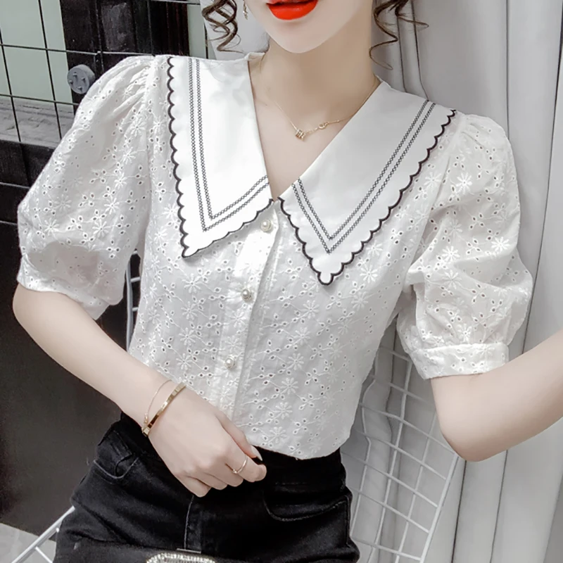 

Peter Pan Collar White Shirt Thin Summer 2021 Hollow Out Puff Sleeve Short Women Blouse Button Open Stitch Woman Tops Clothes