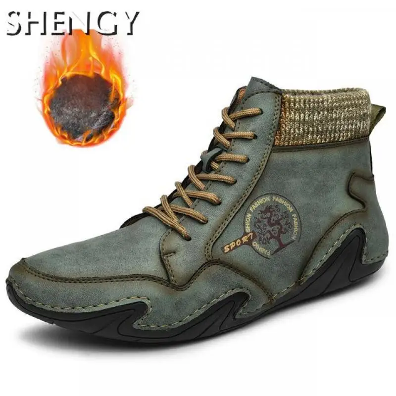 Мужские Водонепроницаемые кожаные ботинки серые очень теплые зимние с мехом