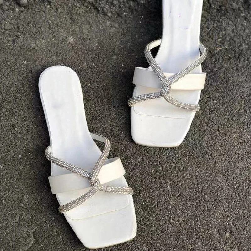 

Women Square Toe Crystal Slippers Woman Casual Cross Flats 2021 Summer Ladies Comfortable Slides Female Beach Shoes Plus Size