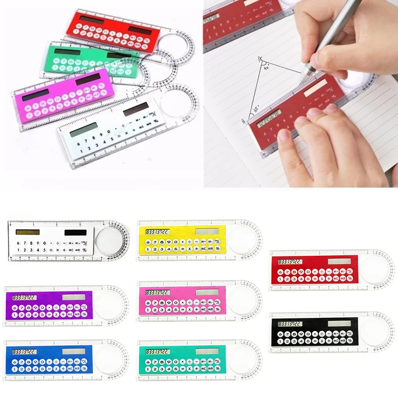 

Mini Ultra-thin Straight Ruler with Solar Calculator Magnifier Multifunction Calculator 10cm School Office Supplies