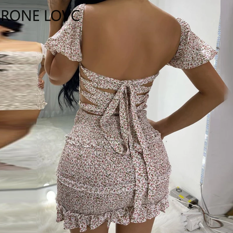 Женское цветочное Бандажное платье с открытой спиной оборками на подоле