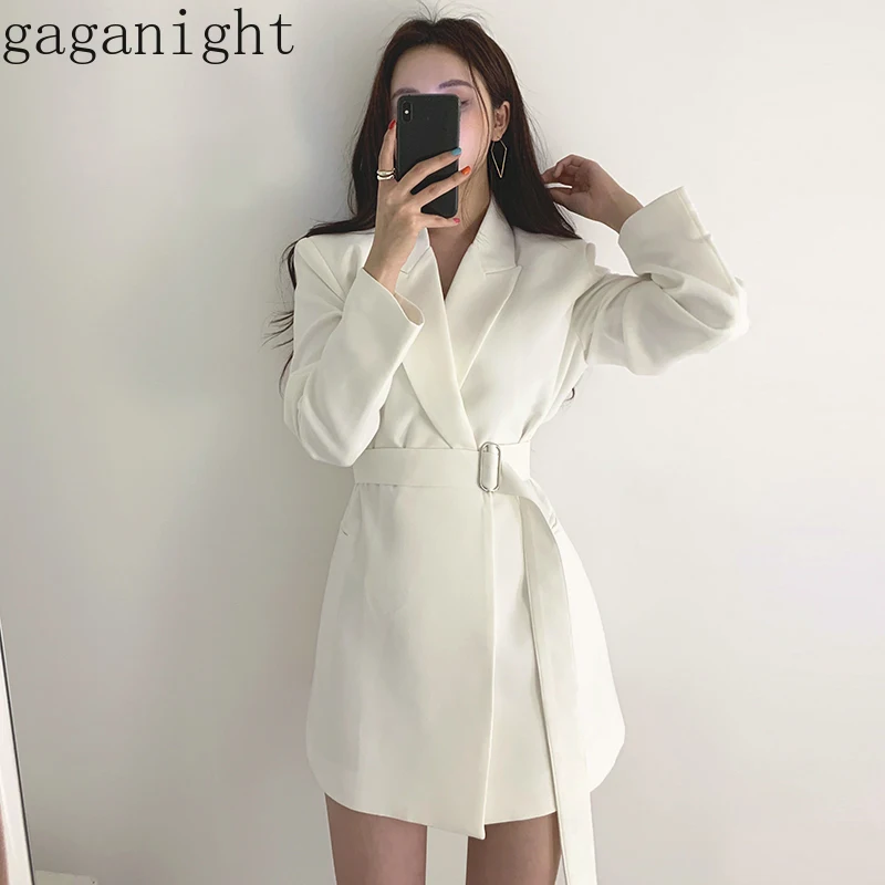 

Gaganight Solid Elegant Office Lady Blazer Long Sleeve Notched Chic Women Coat Spring Autumn Black White Coats Female with Belt