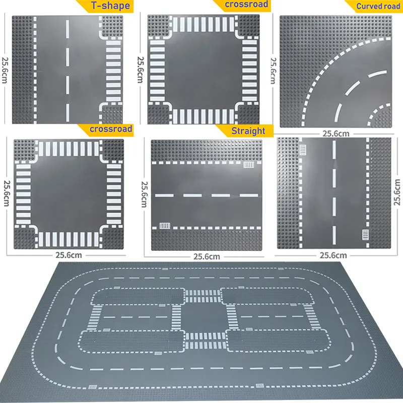 

City Road Street Baseplate Straight Crossroad Curve T-Junction Building Blocks 7280 7281 Compatible all brands City Base Plate