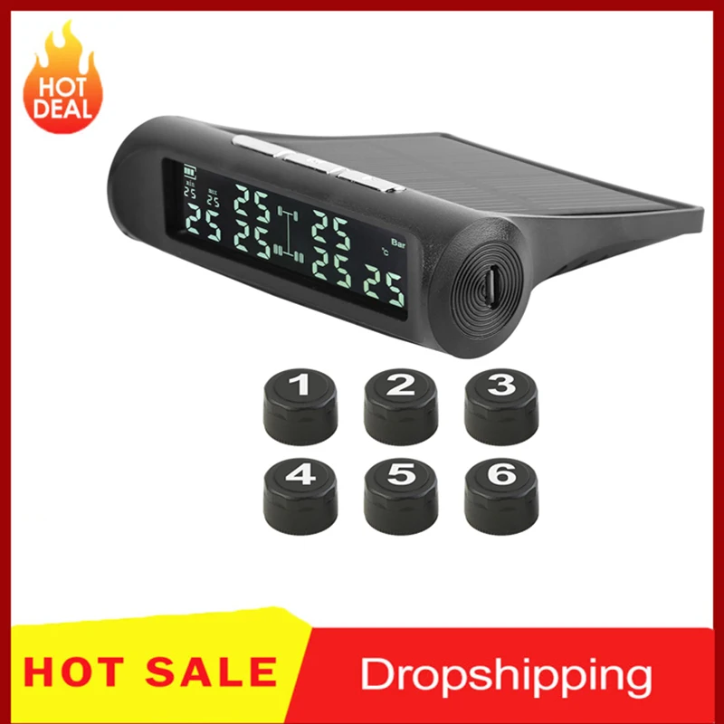 

VODOOL AN-07 Solar Truck TPMS LCD Display 6-Wheel Tire Pressure Monitoring Tyre Temperature Alarm System With 6 External Sensors