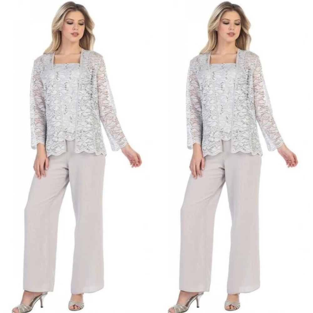

Woman Lady Lace Custom Long Sleeve Plus Size Chiffon Mother Of The Bride Dress Gown Trousers Pant Suits Three Pieces With Jacket