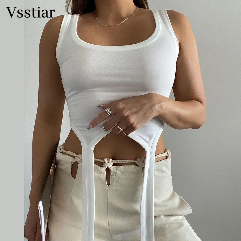 

Vsstiar White Cropped Women Sexy Sleeveless Irregular Tops 2022 Summer Female Streetwear Slim Tank Top Fashion