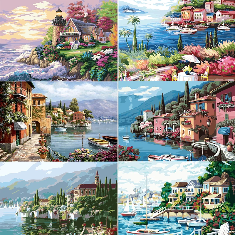 

Frameless Paint By Number Seaside Lighthouse Acrylic Modular Digital Oil Painting For Adult Landscape Home Decor Artwork 50x40cm