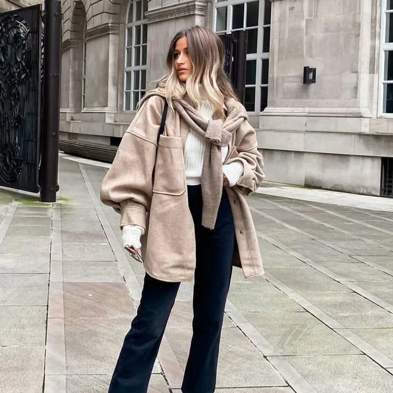 

Fashion Winter Women Shirt Coat with Pockets Vintage Long Sleeve Casual Manteau Femme Hidden Button Outerwear Tweed Loose Tops