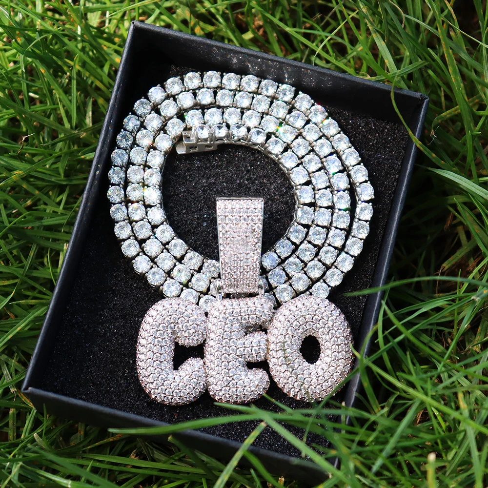 

US7 Custom Bubble Font Name Iced Out Letters Pendants Necklaces Men's Charms Zircon Hip Hop Jewelry With Gold Silver Cuban Chain