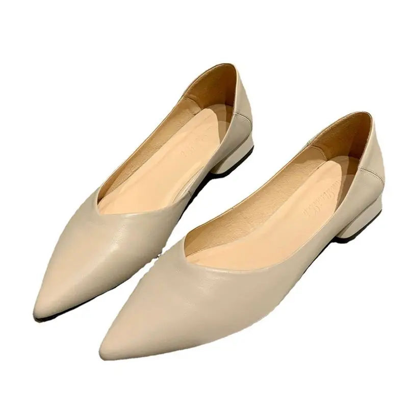 

Spring 2021 pointed Retro Mid heeled granny shoes thick heeled leather shallow mouth commuter single shoes for women