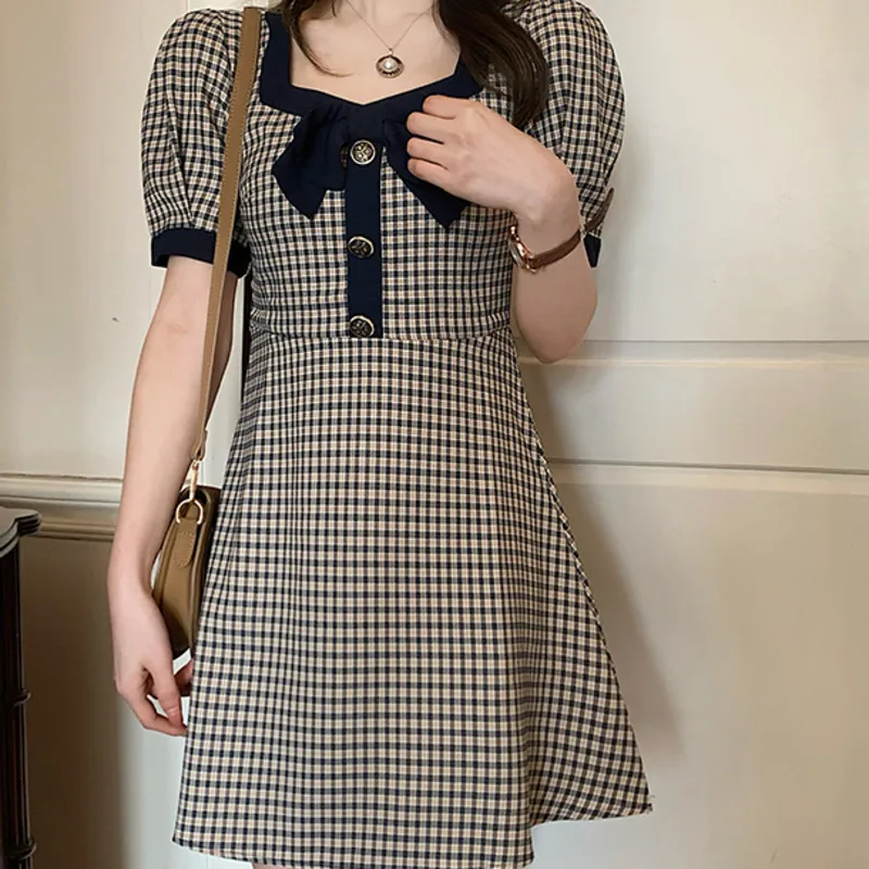

Korean New Vintage Short Sleeve Dress French Style Plaid Women Vestidos Sweet Slim Waist Summer Dress Vestidos Mujer 2021