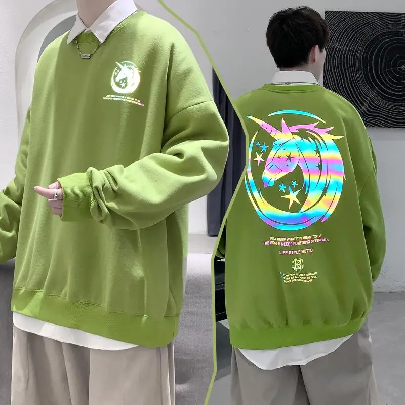 

Осенняя яркая Светоотражающая толстовка с единорогом и круглым вырезом, пуловеры для мужчин, верхняя одежда большого размера, уличная одеж...