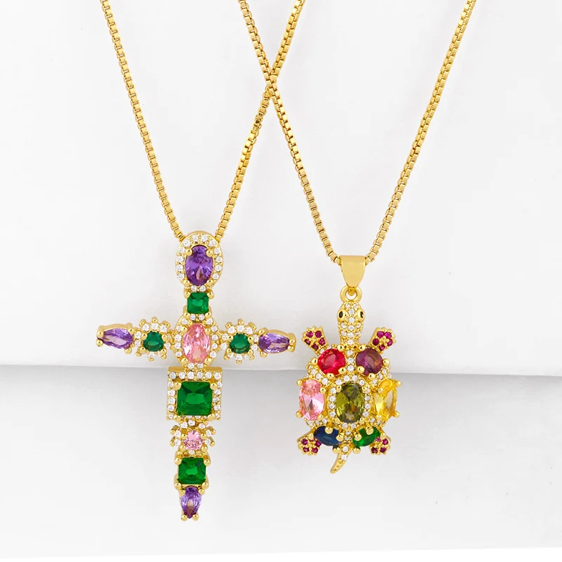 

Rainbow Turtle Pendant Necklaces For Women Multicolor Cross Necklace Zirconia Tortoise New Design Statement Jewelry Gift nkeq74