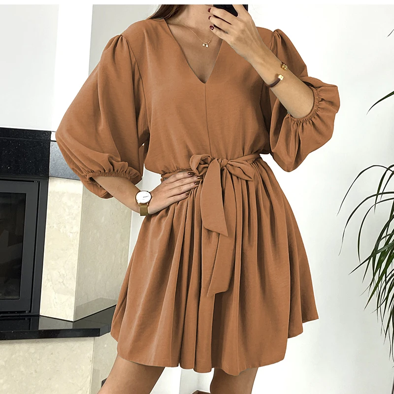 

Spring Summer Mini Dress Women New Fashion Casual Red Three Quarter Sleeve Lace Up Sweet Elegant Beach Party Dresses For Femme