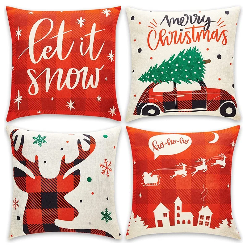 

Christmas Pillow Covers 18X18 Set of 4, Christmas Decorations Throw Pillows, Snowflake, Santa Sleigh, Xmas Tree