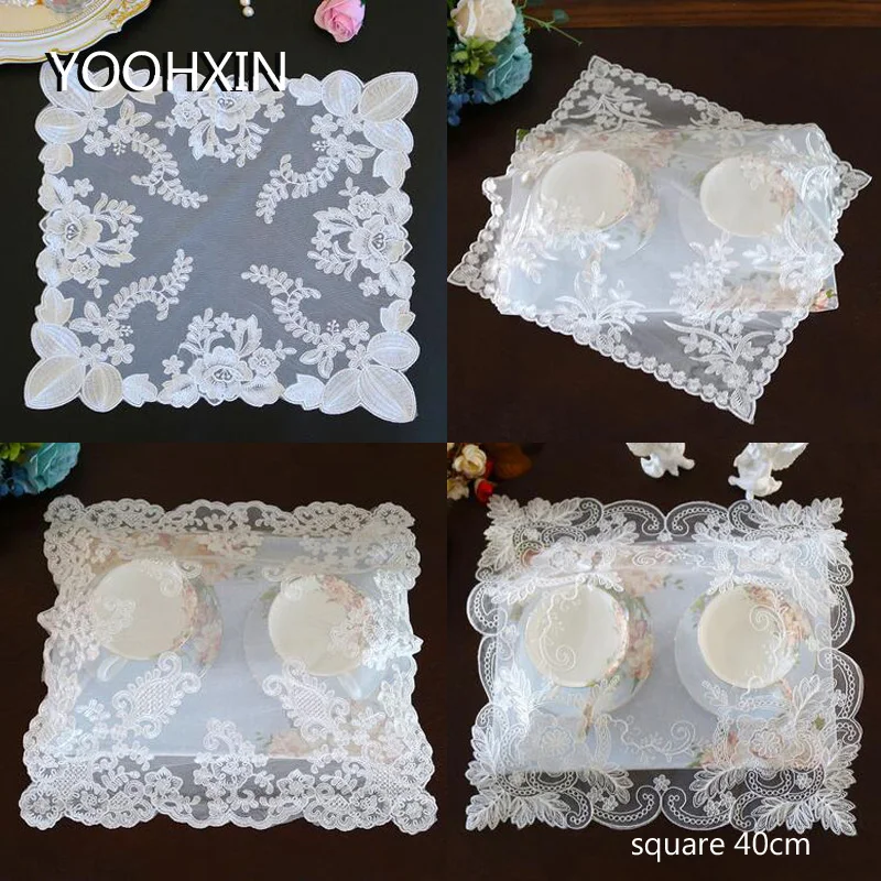 

Elegant white square Lace Embroidery table place mat Christmas tea pad Cloth wedding placemat cup napkin coaster doily kitchen