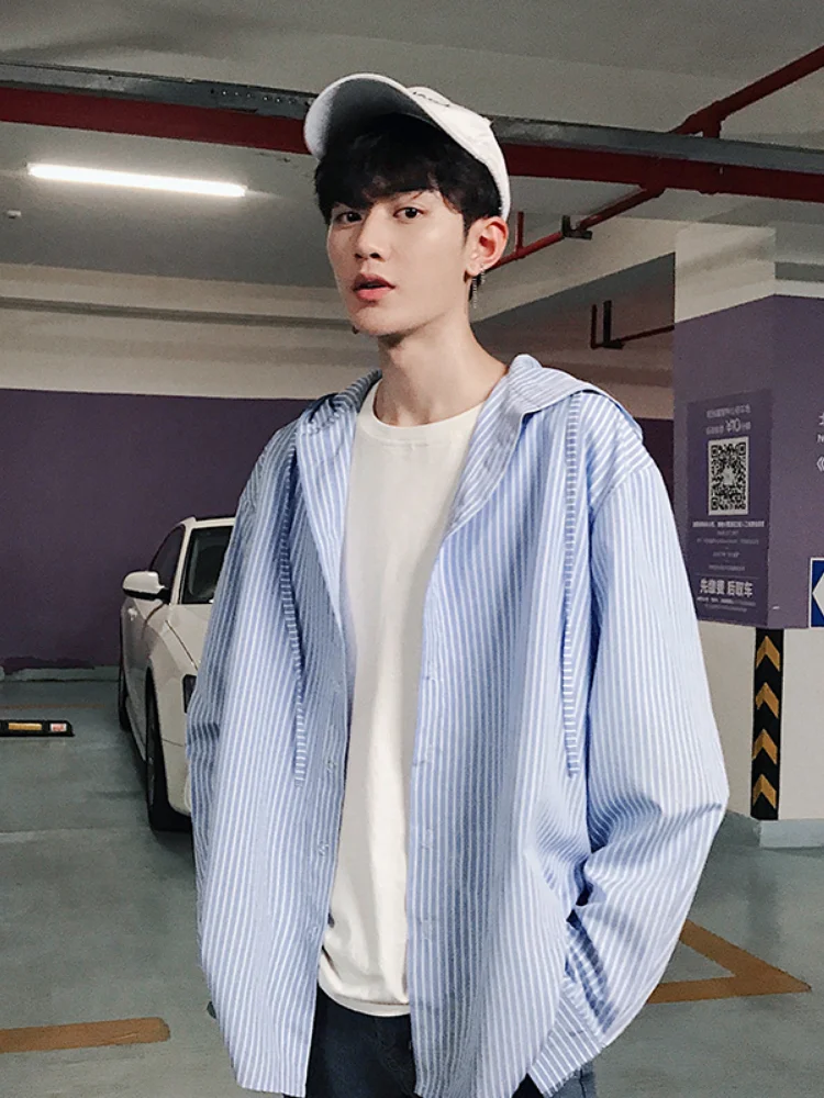 2021 Spring Autumn Men's Korean Version of The Trend Hooded Loose Long-sleeved Shirt Thin Outer Coat  Shirts for Mens Shirts
