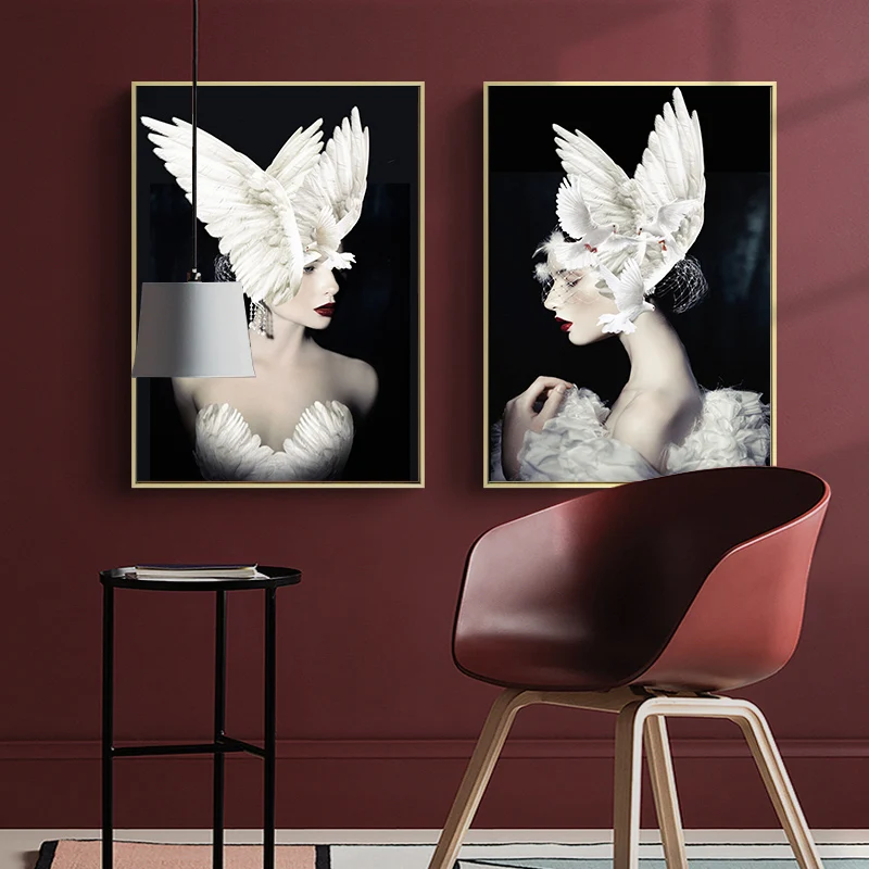 

Feathers Woman Abstract Canvas Painting Wall Art Print Poster Picture Decorative Painting Living Room Home Decoration Cuadros