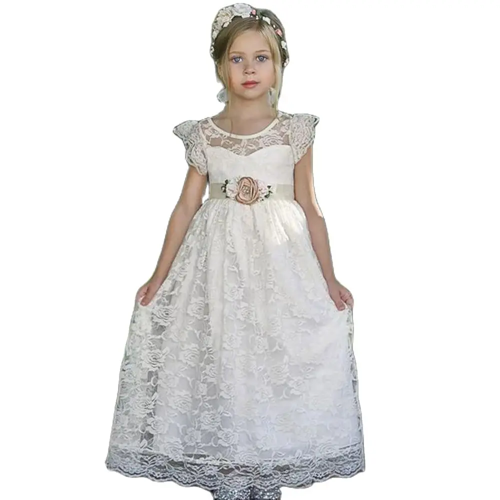 

Gardenwed Ivory Lace Aline Flower Girl Dresses Kids Flower Bow Sashes Communion Dress Tulle Appliques Lace Embroidery Prom Dres
