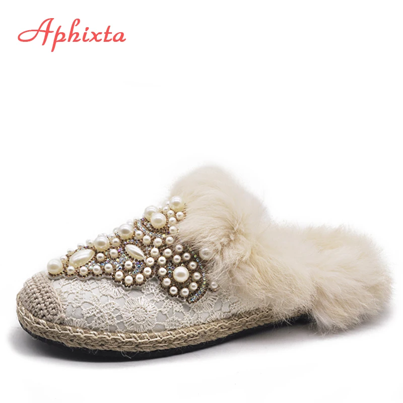 Фото Aphixta Зимние Теплые Тапки из натурального меха женская обувь кружевные жемчужные