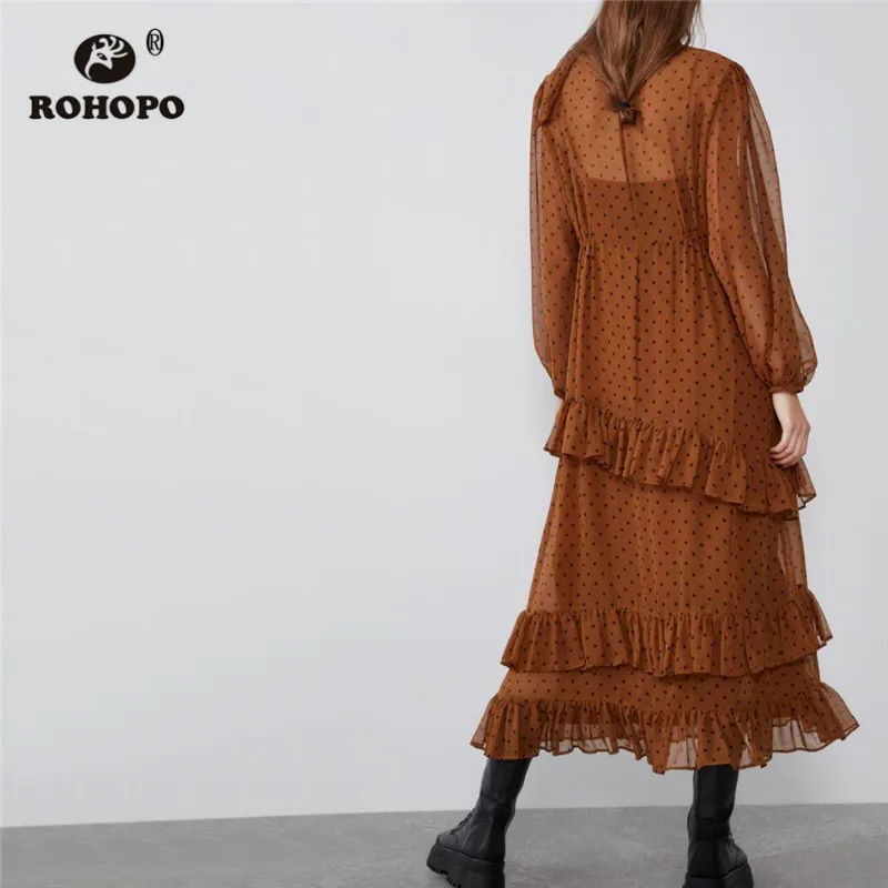 ROHOPO Bow Round Collar Long Sleeve Black Polk Dot Cascading Ruffled Yellow Midi Dress Tops Draped Pleated Hem Vestido #2356 | Женская
